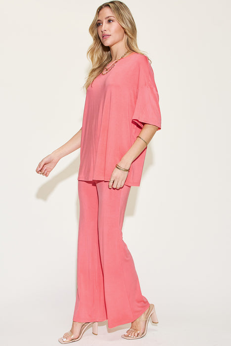 Fashion Women's Two Piece Sets Bamboo Drop Shoulder T-Shirt and Flare Pants Set