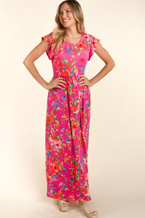 Women's Fashion Tops 2024 Floral Ruffled Round Neck Cap Sleeve Dress