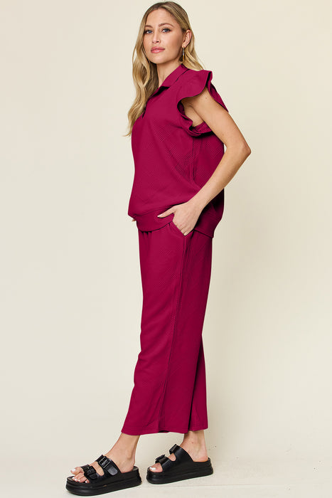 Fashion Women's Two Piece Sets Texture Ruffle Short Sleeve Top and Drawstring Wide Leg Pants Set