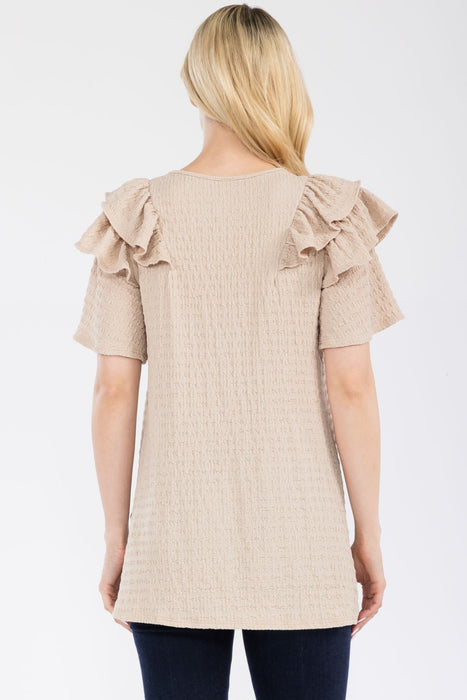 Women's Trendy Fashion Tops 2024 Ruffle Layered Short Sleeve Texture Top