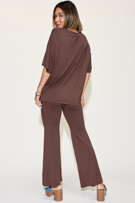 Fashion Women's Two Piece Sets Bamboo Drop Shoulder T-Shirt and Flare Pants Set