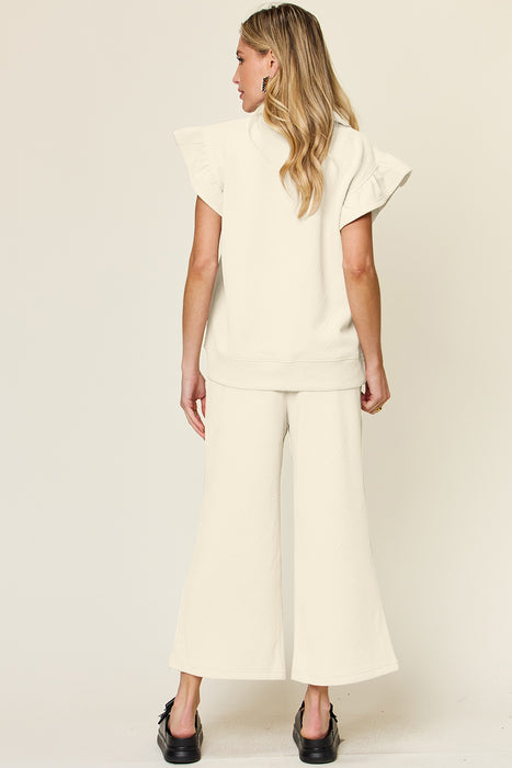 Fashion Women's Two Piece Sets Texture Ruffle Short Sleeve Top and Drawstring Wide Leg Pants Set
