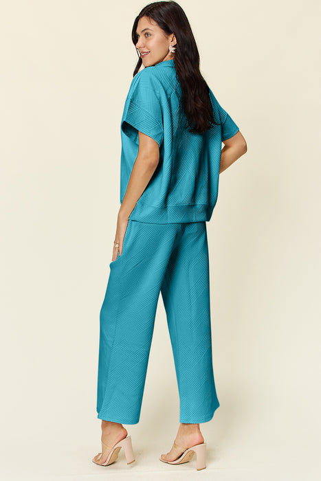Fashion Women's Two Piece Sets Texture Half Zip Short Sleeve Top and Pants Set