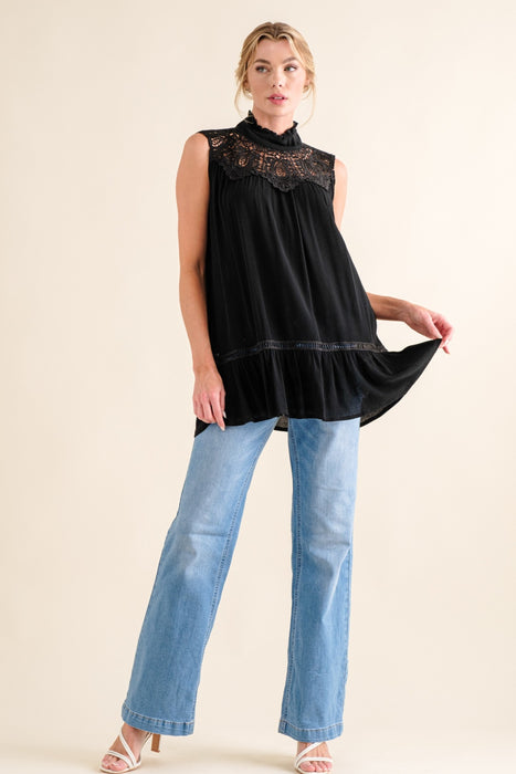Women's Fashion Tops 2024 Lace Detail Sleeveless Ruffled Top