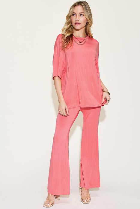 Fashion Women's Two Piece Sets Bamboo Drop Shoulder T-Shirt and Flare Pants Set