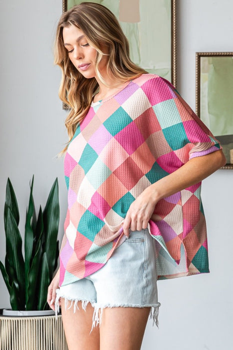 Women's Fashion Tops 2024 Multi Colored Argyle Side Slit T-Shirt