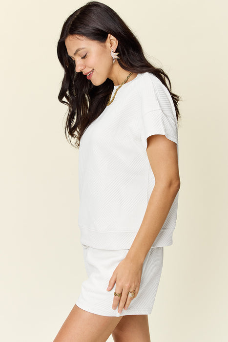 Fashion Women's Two Piece Sets Texture Short Sleeve T-Shirt and Drawstring Shorts Set