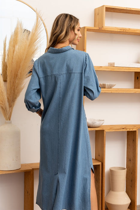 Women's Fashion Tops 2024 High-Low Button Up Roll-Tab Sleeve Denim Dress