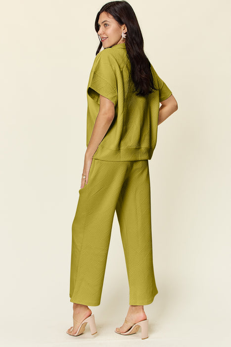Fashion Women's Two Piece Sets Texture Half Zip Short Sleeve Top and Pants Set