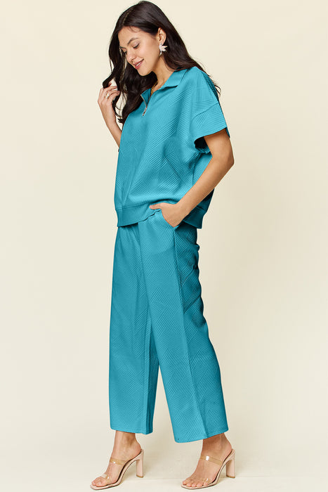 Fashion Women's Two Piece Sets Texture Half Zip Short Sleeve Top and Pants Set