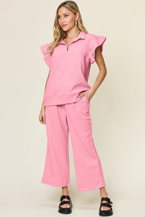 Fashion Women's Two Piece Sets Texture Ruffle Short Sleeve Top and Drawstring Wide Leg Pants Set
