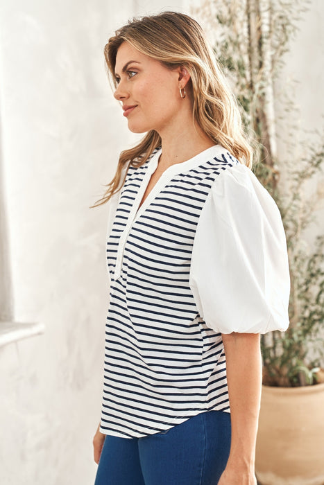 Women's Fashion Tops 2024 Striped Contrast Puff Sleeve Top