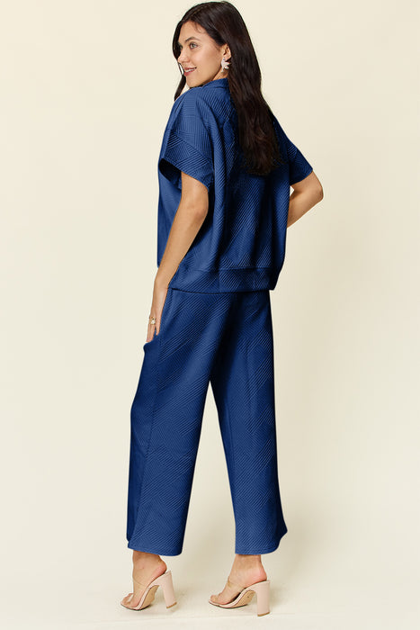 Fashion Women's Two Piece Sets Texture Half Zip Short Sleeve Top and Pants Set
