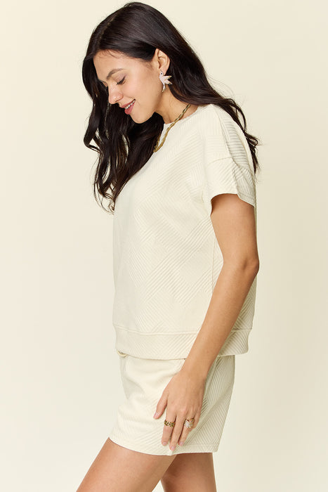 Fashion Women's Two Piece Sets Texture Short Sleeve T-Shirt and Drawstring Shorts Set