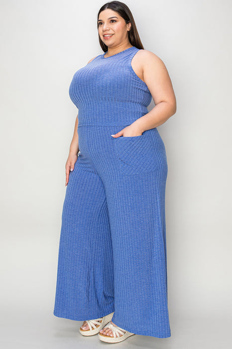 Fashion Women's Two Piece Sets Ribbed Tank and Wide Leg Pants Set