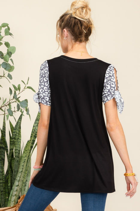 Women's Trendy Fashion Tops 2024 Open Tie Sleeve Leopard Color Blocked Top