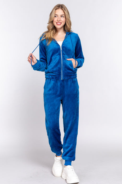 Fashion Women's Two Piece Sets Faux Fur Zip Up Long Sleeve Hoodie and Joggers Set