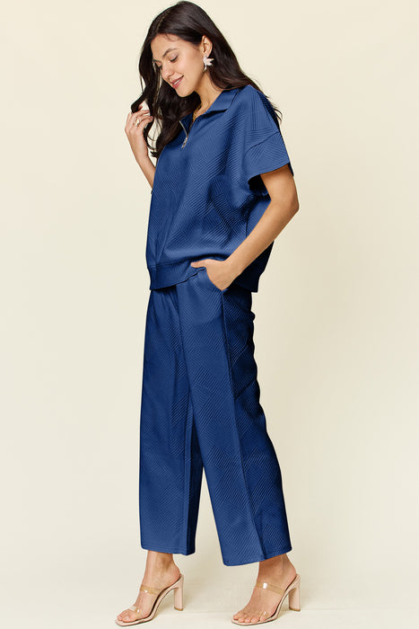 Fashion Women's Two Piece Sets Texture Half Zip Short Sleeve Top and Pants Set
