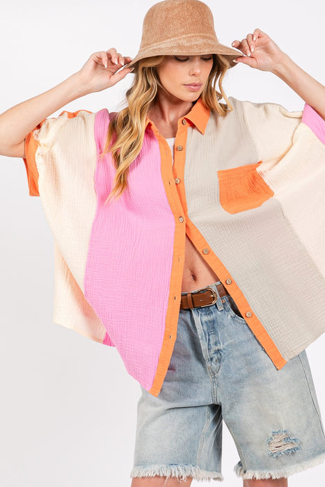 Women's Fashion Tops 2024 Color Block Button-Down Shirt