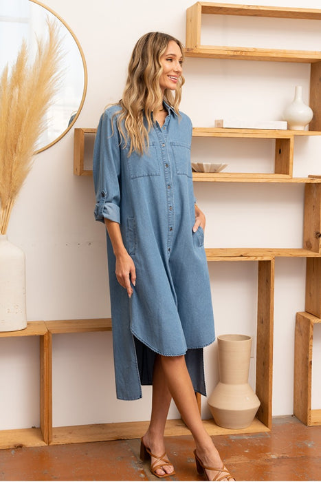 Women's Fashion Tops 2024 High-Low Button Up Roll-Tab Sleeve Denim Dress