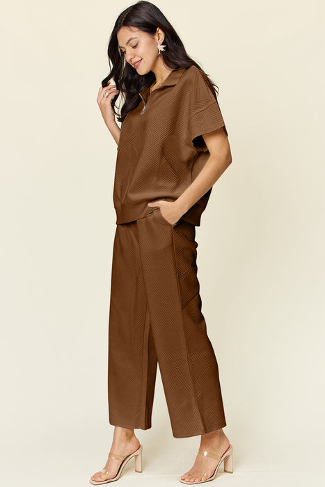 Fashion Women's Two Piece Sets Texture Half Zip Short Sleeve Top and Pants Set