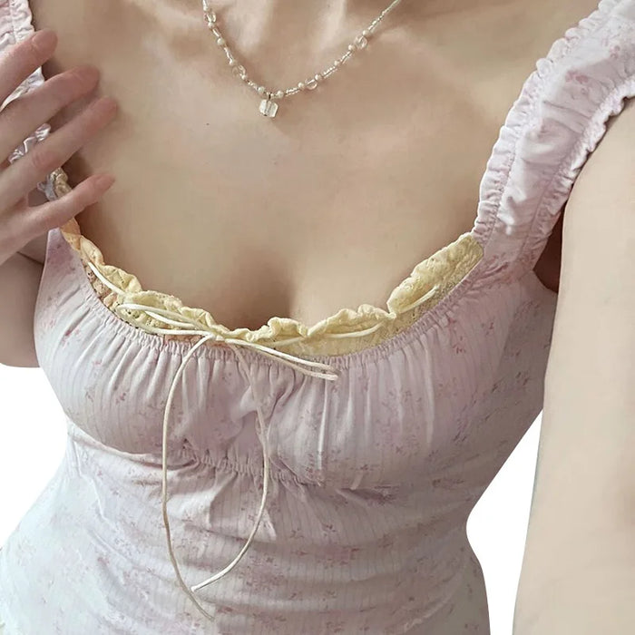 Floral Print Patchwork Lace Trim Babydoll Tops Cute Vintage Drawstring Square Neck Pink T-shirts