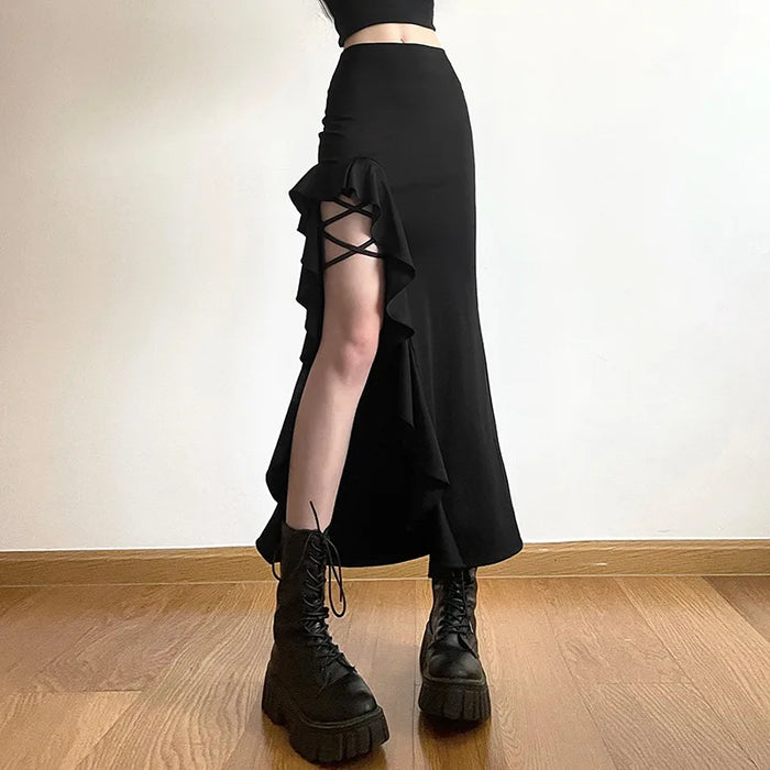 Black High Waist Bodycon Mid Skirt E-Girl Punk Ruffles Split A-Line Skirts Fashion Women Streetwear Bottoms