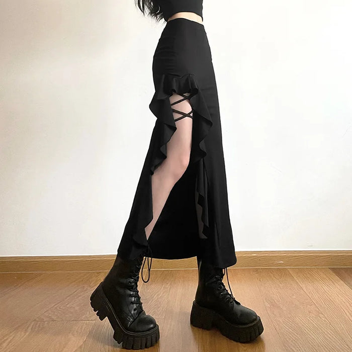 Black High Waist Bodycon Mid Skirt E-Girl Punk Ruffles Split A-Line Skirts Fashion Women Streetwear Bottoms