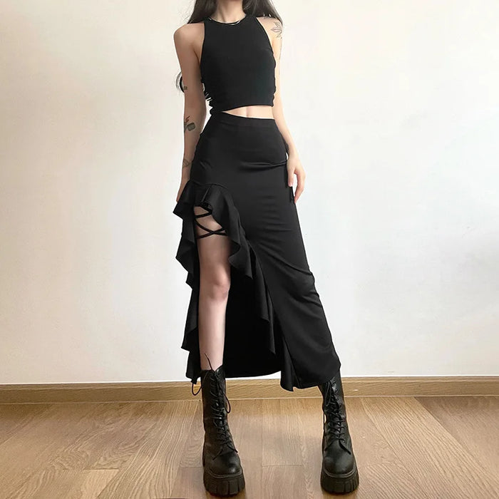 Black High Waist Bodycon Mid Skirt E-Girl Punk Ruffles Split A-Line Skirts Fashion Women Streetwear Bottoms