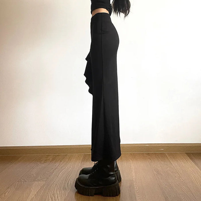 Black High Waist Bodycon Mid Skirt E-Girl Punk Ruffles Split A-Line Skirts Fashion Women Streetwear Bottoms