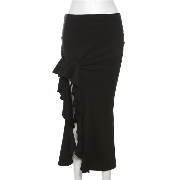 Black High Waist Bodycon Mid Skirt E-Girl Punk Ruffles Split A-Line Skirts Fashion Women Streetwear Bottoms