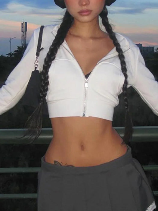 Basic Zip Up White Cropped Hoodies Fashion Big Pockets Front Hooded Long Sleeve Sweats Cute Tops