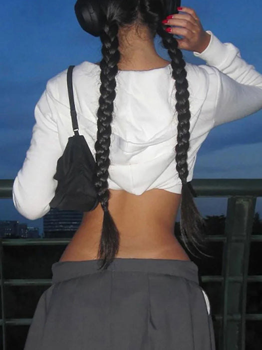Basic Zip Up White Cropped Hoodies Fashion Big Pockets Front Hooded Long Sleeve Sweats Cute Tops