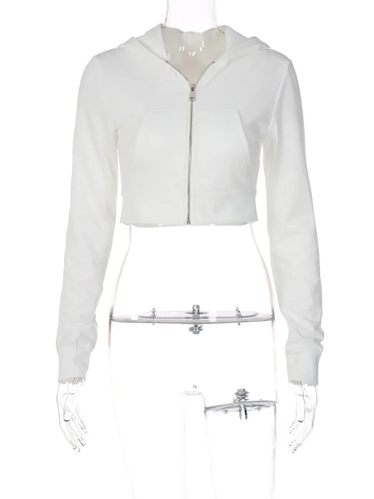 Basic Zip Up White Cropped Hoodies Fashion Big Pockets Front Hooded Long Sleeve Sweats Cute Tops