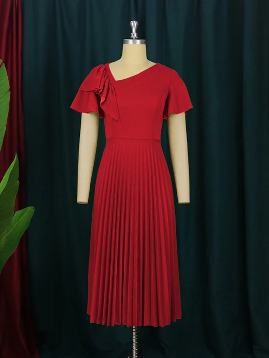 Women Red Dress Short Sleeve Ruffles Pleated Evening Dresses Spring Summer Fashion Gowns Party Clothes