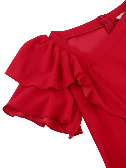 Women Red Dress Short Sleeve Ruffles Pleated Evening Dresses Spring Summer Fashion Gowns Party Clothes