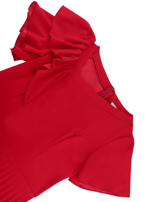 Women Red Dress Short Sleeve Ruffles Pleated Evening Dresses Spring Summer Fashion Gowns Party Clothes