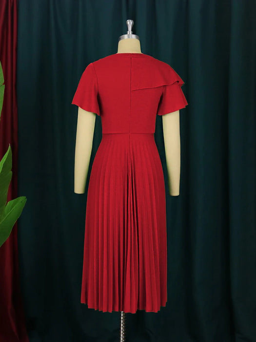 Women Red Dress Short Sleeve Ruffles Pleated Evening Dresses Spring Summer Fashion Gowns Party Clothes