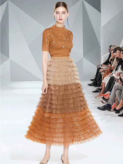 Fall Fashion Runway Two Piece Set Women Pearls Golden Buttons Knitted Top Elastic Waist Tulle Tiered Puffy Mesh Long Skirts
