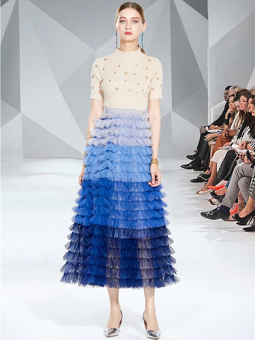 Fall Fashion Runway Two Piece Set Women Pearls Golden Buttons Knitted Top Elastic Waist Tulle Tiered Puffy Mesh Long Skirts