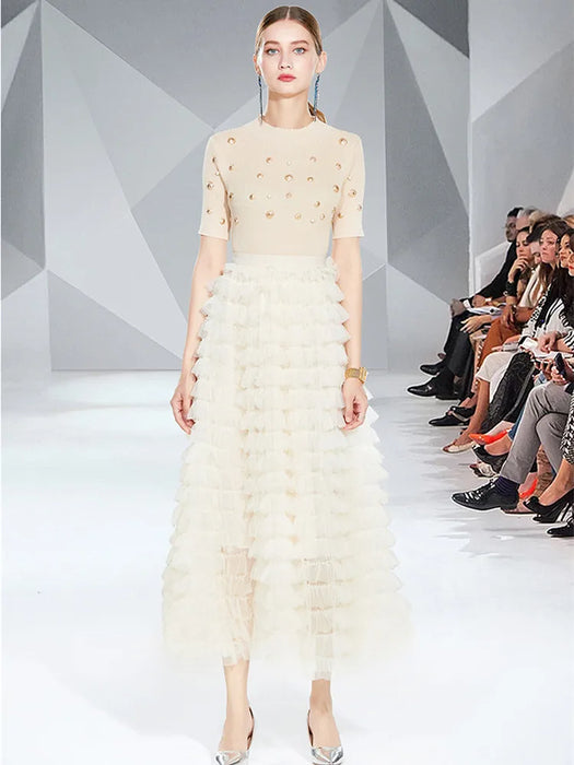 Fall Fashion Runway Two Piece Set Women Pearls Golden Buttons Knitted Top Elastic Waist Tulle Tiered Puffy Mesh Long Skirts