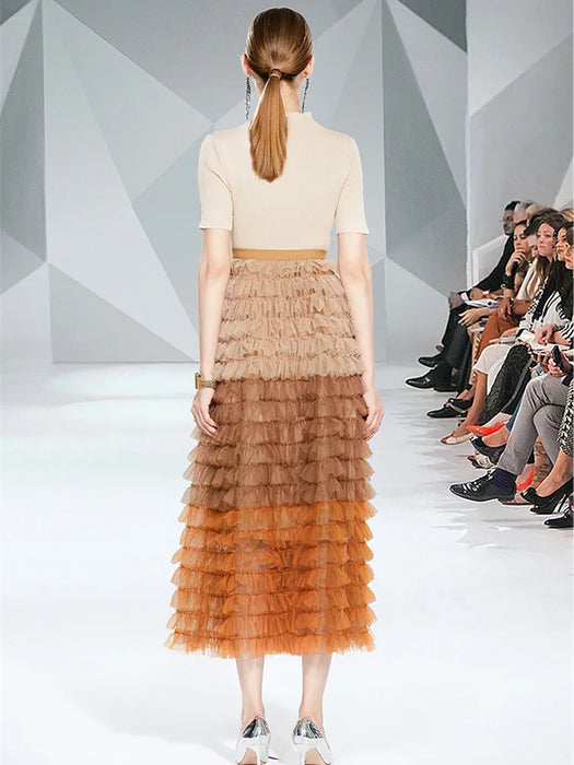 Fall Fashion Runway Two Piece Set Women Pearls Golden Buttons Knitted Top Elastic Waist Tulle Tiered Puffy Mesh Long Skirts