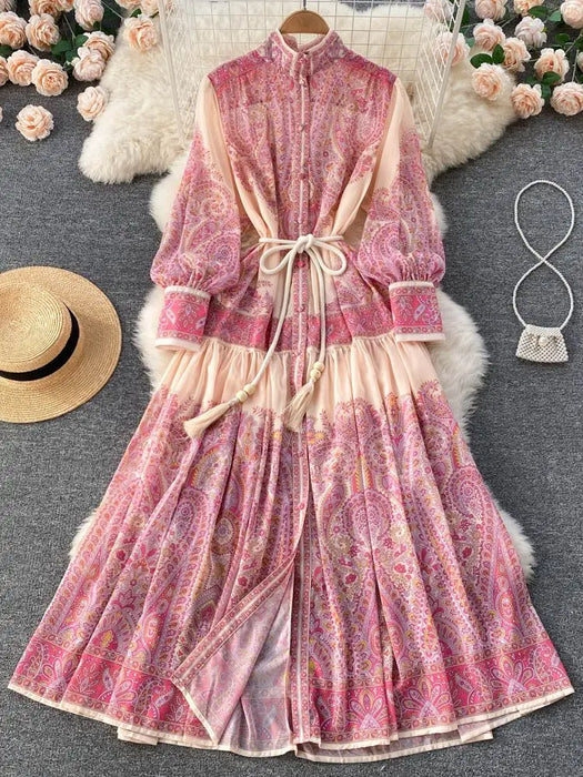 Pink Maxi Dress Women Clothing Turleneck Long Lantern Sleeve Flower Retro Print Belted Chiffon Loose Dresses