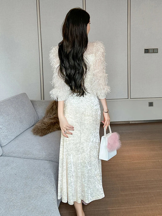 Christmass Party Elegant Luxury Mermaid Dress Women Clothes Chic Casual Sweet Puff Sleeve Skinny Midi Party Birthday Holiday