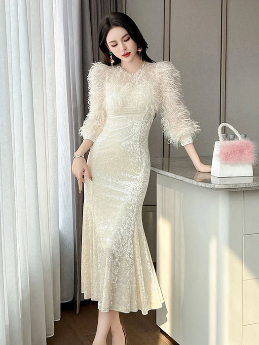 Christmass Party Elegant Luxury Mermaid Dress Women Clothes Chic Casual Sweet Puff Sleeve Skinny Midi Party Birthday Holiday