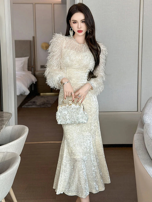 Christmass Party Elegant Luxury Mermaid Dress Women Clothes Chic Casual Sweet Puff Sleeve Skinny Midi Party Birthday Holiday