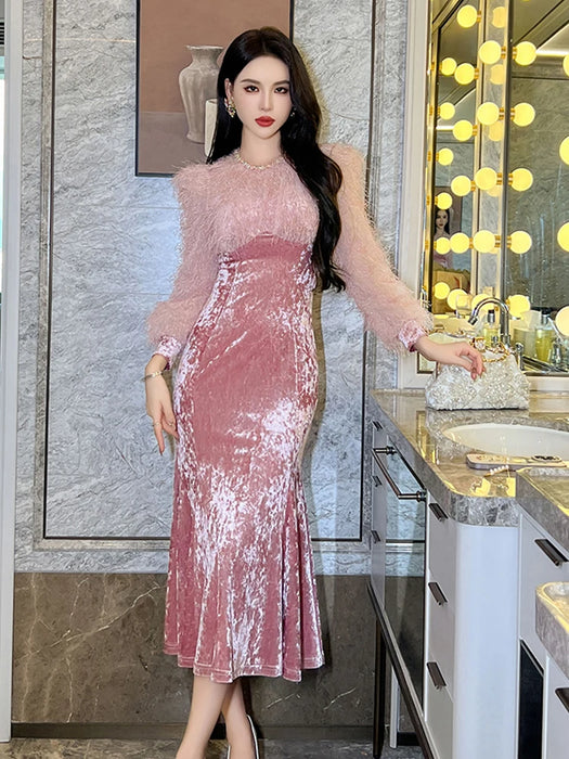 Christmass Party Elegant Luxury Mermaid Dress Women Clothes Chic Casual Sweet Puff Sleeve Skinny Midi Party Birthday Holiday