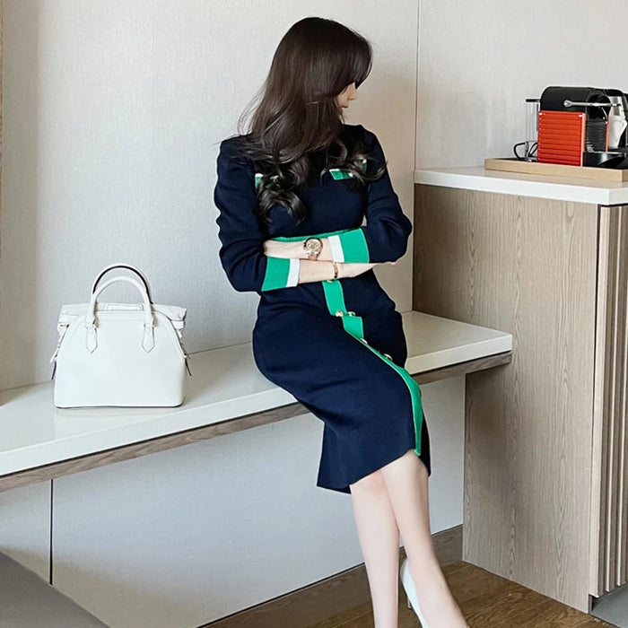 Fall Winter Contrast Color Sweater Dress Women Elegant Long Sleeve Buttons Slim Knitted Bodycon Midi