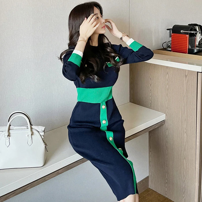Fall Winter Contrast Color Sweater Dress Women Elegant Long Sleeve Buttons Slim Knitted Bodycon Midi
