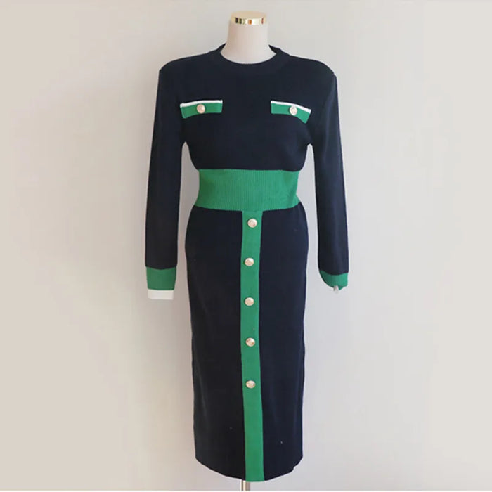 Fall Winter Contrast Color Sweater Dress Women Elegant Long Sleeve Buttons Slim Knitted Bodycon Midi